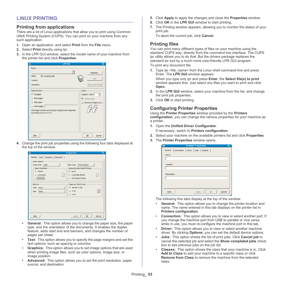 Linux printing, Printing from applications, Printing files | Configuring printer properties | Samsung SCX-5935NX-XAA User Manual | Page 53 / 133