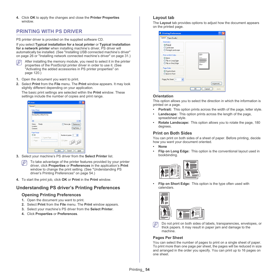 Printing with ps driver, Understanding ps driver’s printing preferences | Samsung SCX-5935NX-XAA User Manual | Page 54 / 133