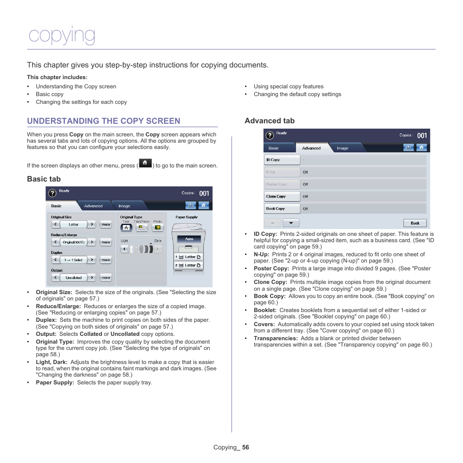 Copying, Understanding the copy screen, Basic tab | Advanced tab | Samsung SCX-5935NX-XAA User Manual | Page 56 / 133