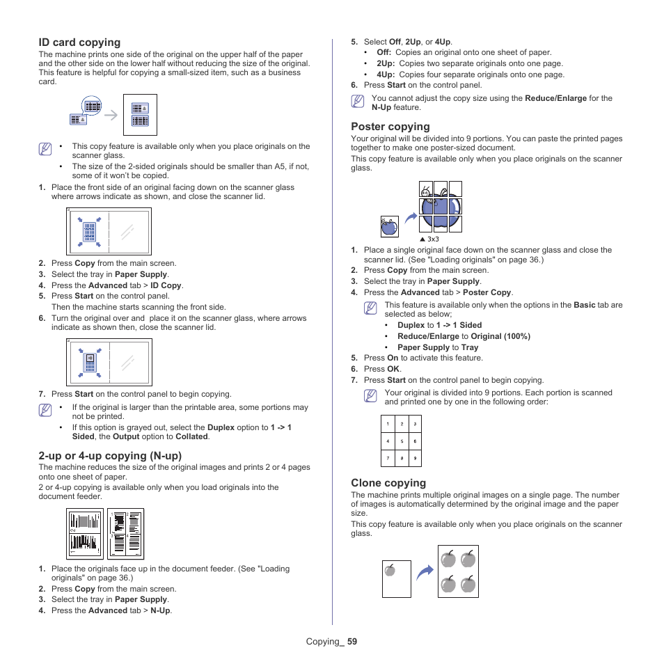 Up or 4-up, S. (see "poster, Id card copying | Up or 4-up copying (n-up), Poster copying, Clone copying | Samsung SCX-5935NX-XAA User Manual | Page 59 / 133