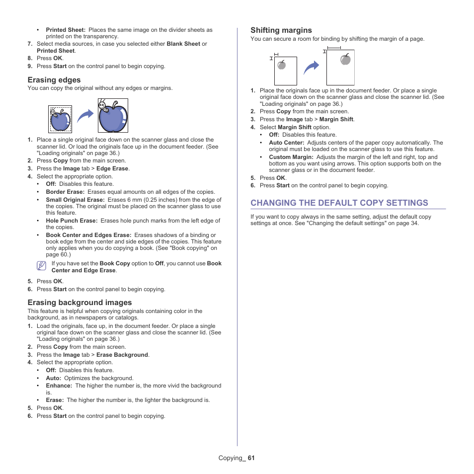 Changing the default copy settings, See "erasing background images" on, Erasing edges | Shifting, Changing the default copy, Erasing background images, Shifting margins | Samsung SCX-5935NX-XAA User Manual | Page 61 / 133