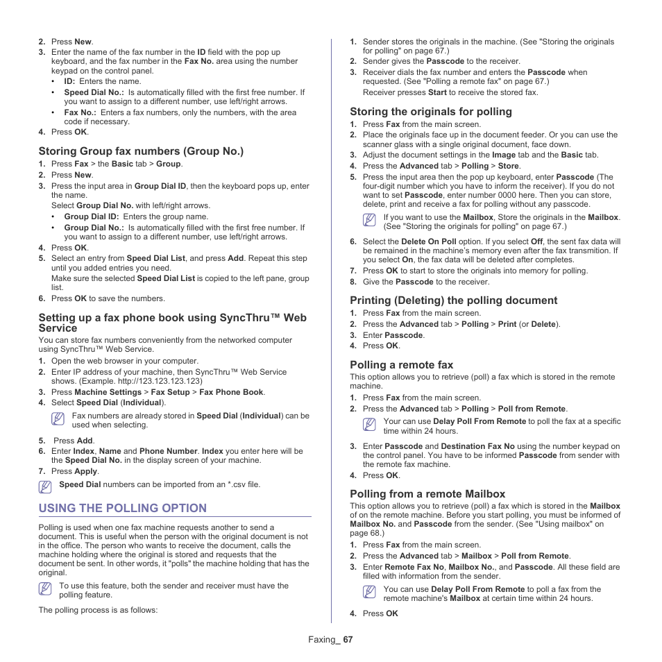 Using the polling option, Setting up a fax phone, Storing group fax numbers (group no.) | Storing the originals for polling, Printing (deleting) the polling document, Polling a remote fax, Polling from a remote mailbox | Samsung SCX-5935NX-XAA User Manual | Page 67 / 133