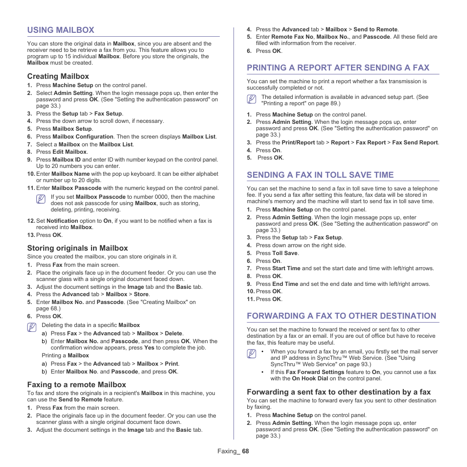 Using mailbox, Printing a report after sending a fax, Sending a fax in toll save time | Forwarding a fax to other destination, Using mailbox" on, Creating mailbox, Storing originals in mailbox, Faxing to a remote mailbox | Samsung SCX-5935NX-XAA User Manual | Page 68 / 133