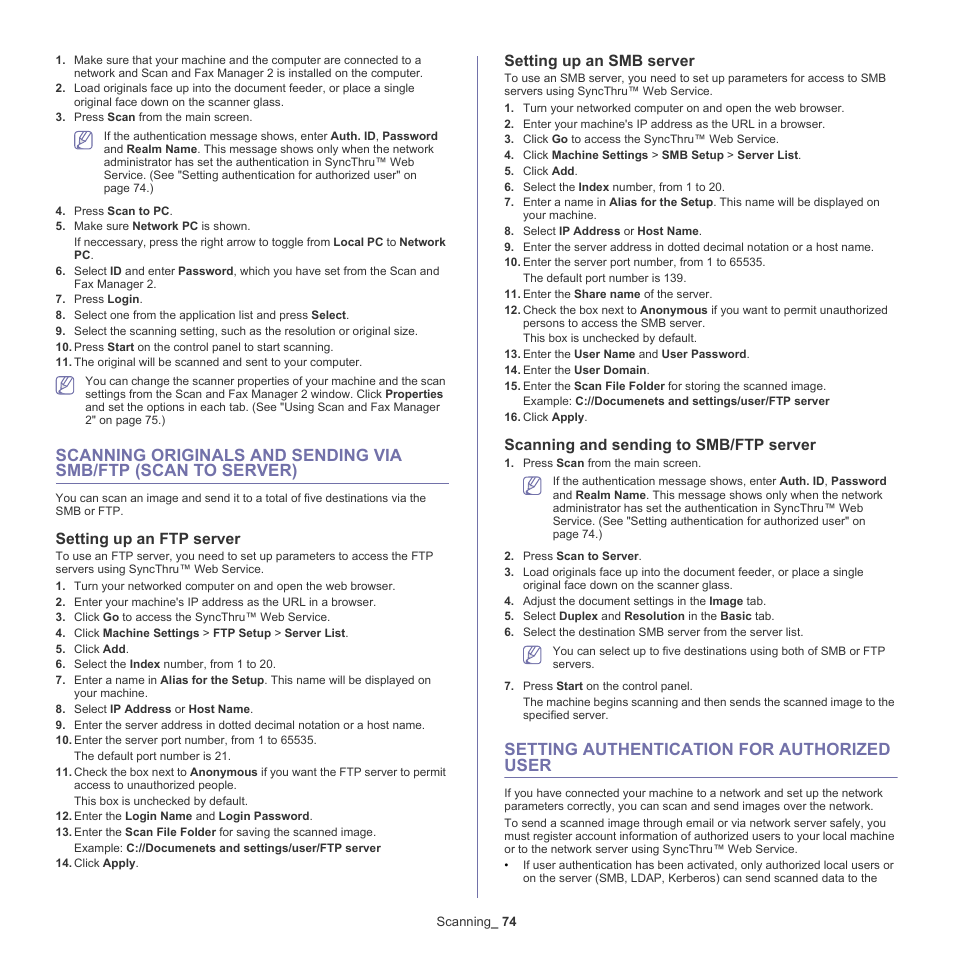 Setting authentication for authorized user, Scanning originals and sending, Scanning originals and | Setting authentication for authorized user" on, Setting up an ftp server, Setting up an smb server, Scanning and sending to smb/ftp server | Samsung SCX-5935NX-XAA User Manual | Page 74 / 133