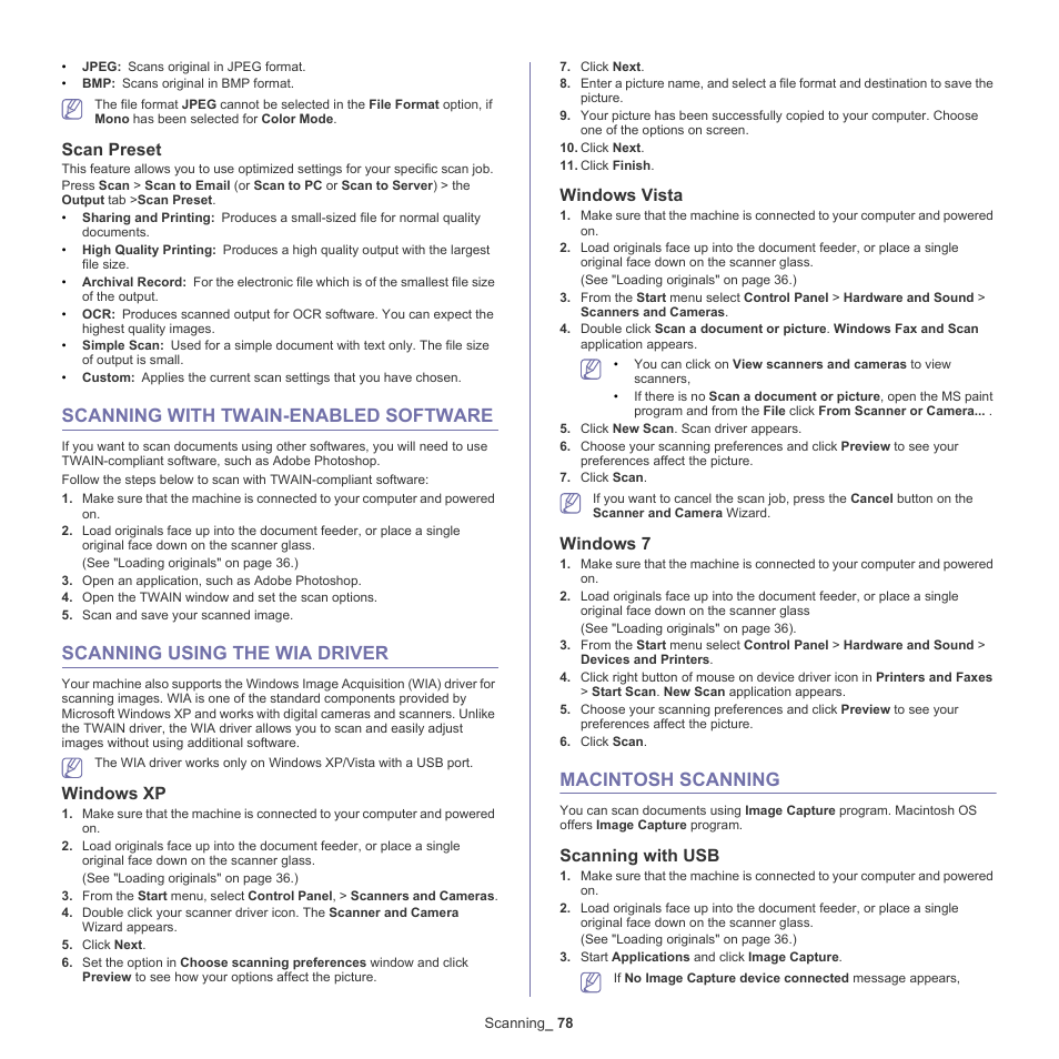 Scanning with twain-enabled software, Scanning using the wia driver, Macintosh scanning | Scan preset, Windows xp, Windows vista, Windows 7, Scanning with usb | Samsung SCX-5935NX-XAA User Manual | Page 78 / 133