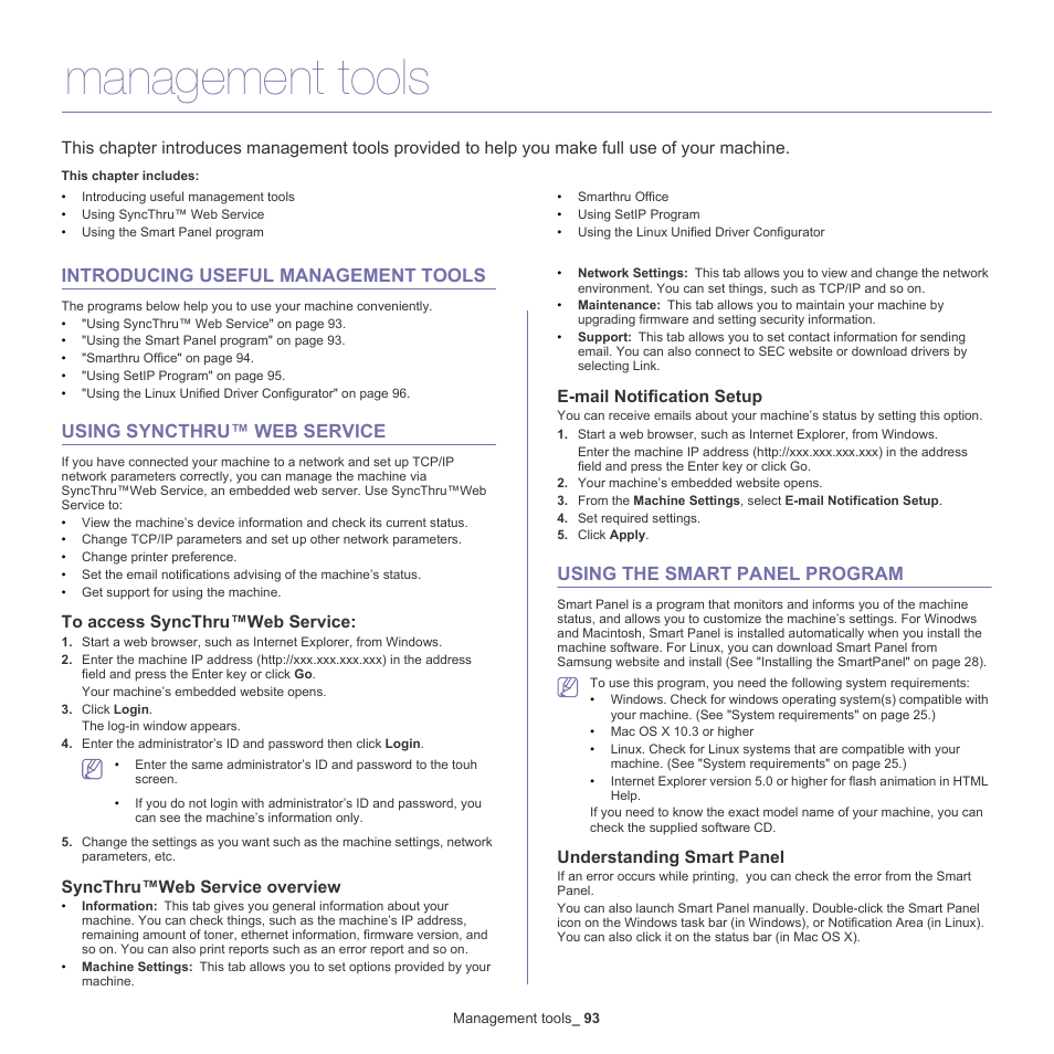 Management tools, Introducing useful management tools, Using syncthru™ web service | Using the smart panel program, Using syncthru™ web service" on, Using, Syncthru™web service overview, E-mail notification setup, Understanding smart panel | Samsung SCX-5935NX-XAA User Manual | Page 93 / 133