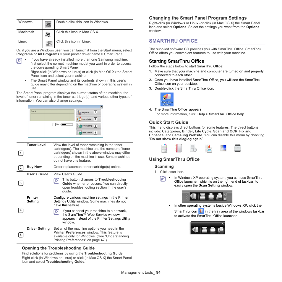 Smarthru office, Changing the smart panel program settings, Starting smarthru office | Quick start guide, Using smarthru office, Opening the troubleshooting guide, Scanning | Samsung SCX-5935NX-XAA User Manual | Page 94 / 133