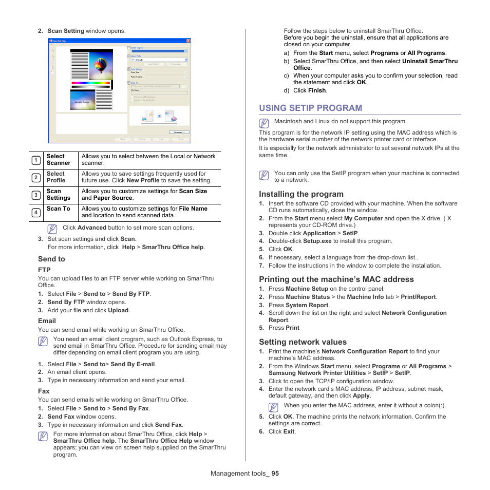 Using setip program, Using, Installing the program | Printing out the machine’s mac address, Setting network values, Send to | Samsung SCX-5935NX-XAA User Manual | Page 95 / 133