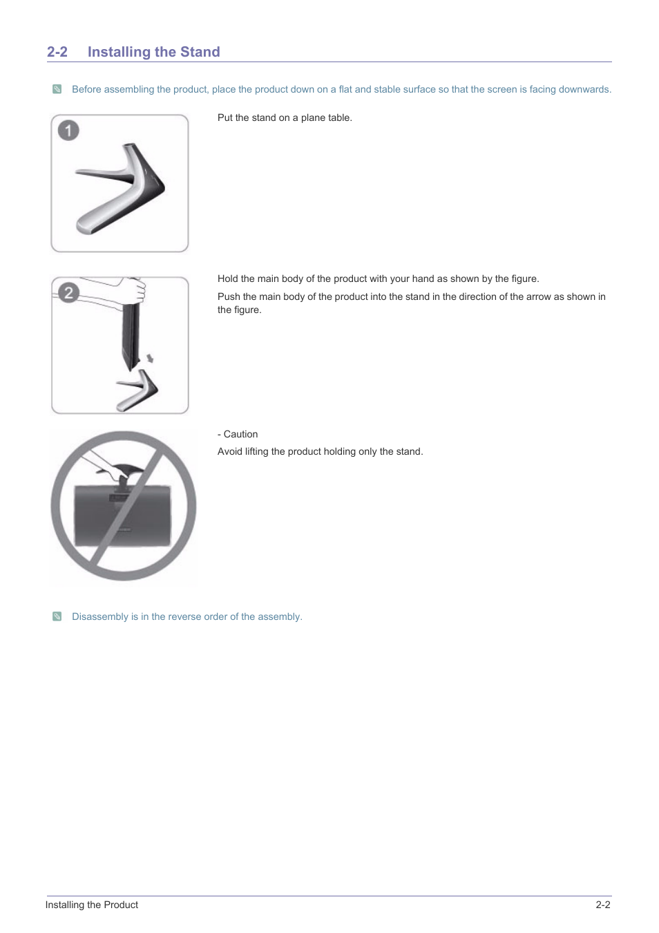 2 installing the stand, Installing the stand -2 | Samsung LS24B5HVFH-ZA User Manual | Page 13 / 77