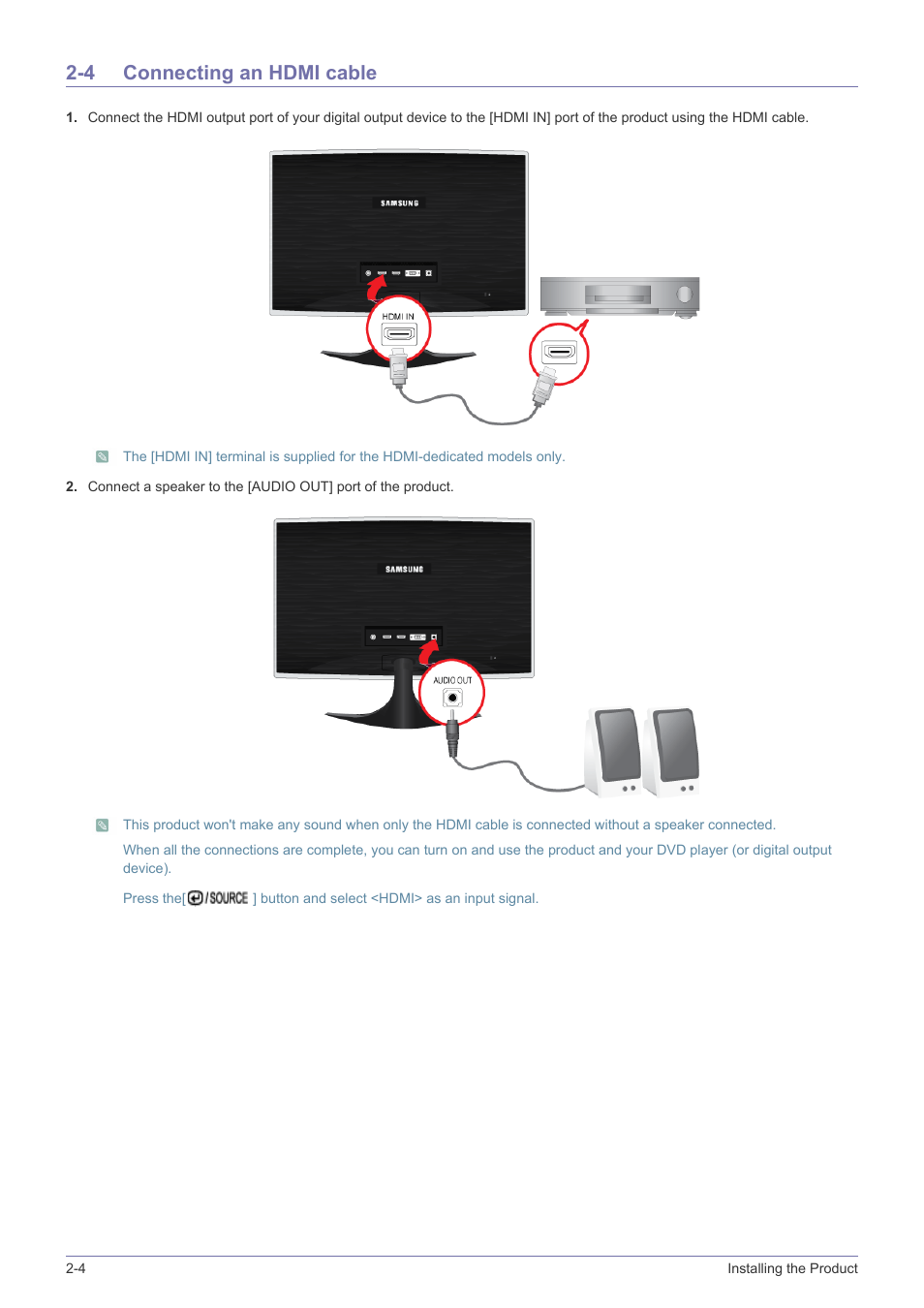 4 connecting an hdmi cable, Connecting an hdmi cable -4 | Samsung LS24B5HVFH-ZA User Manual | Page 16 / 77