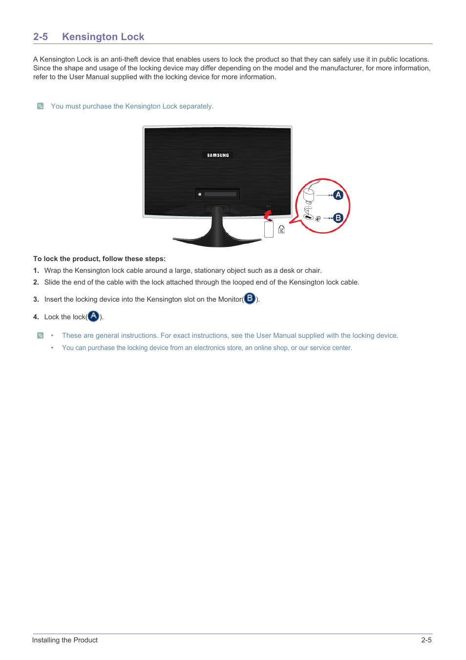 5 kensington lock, Kensington lock -5 | Samsung LS24B5HVFH-ZA User Manual | Page 17 / 77