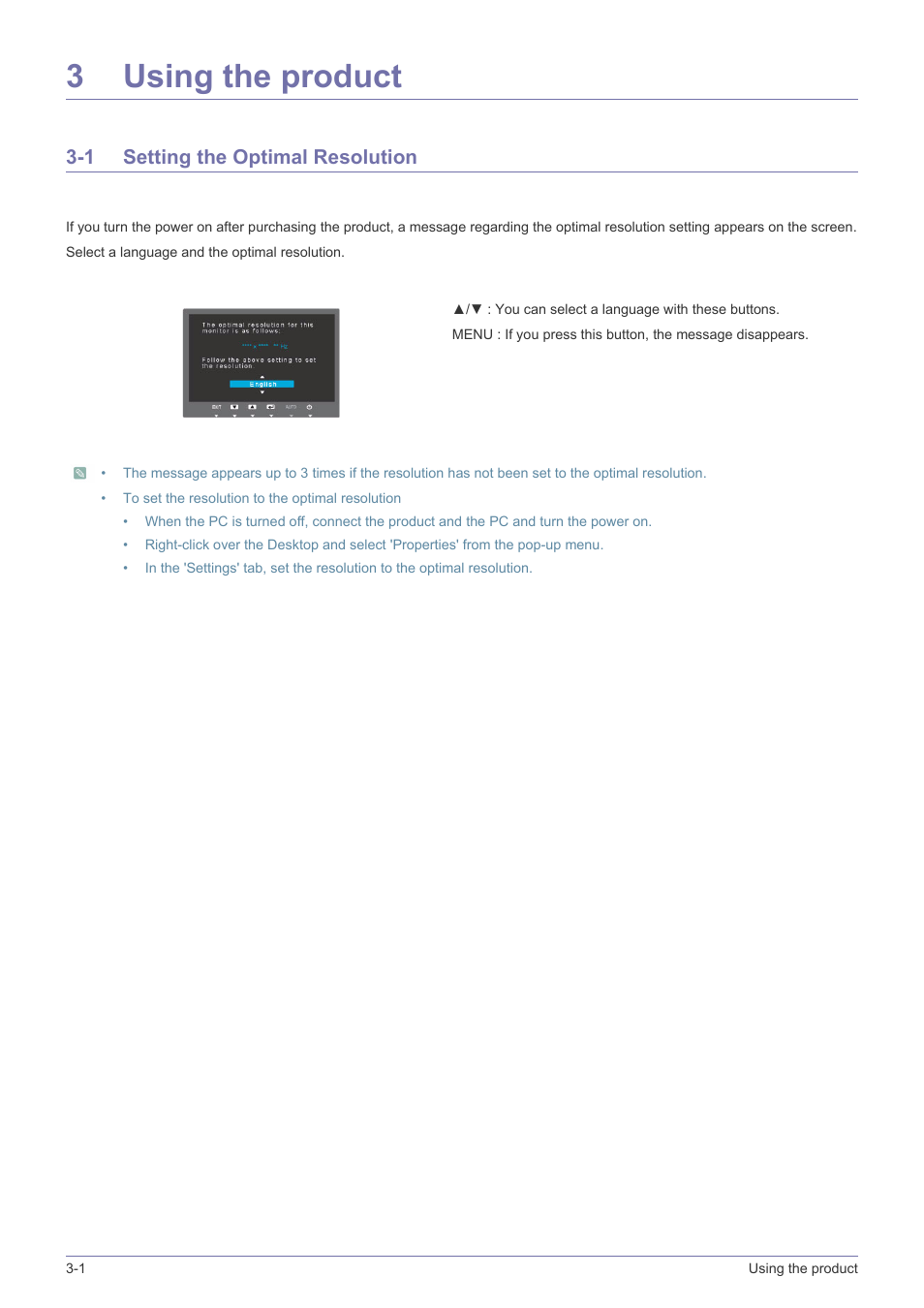 3 using the product, 1 setting the optimal resolution, Using the product | Setting the optimal resolution -1, 3using the product | Samsung LS24B5HVFH-ZA User Manual | Page 18 / 77