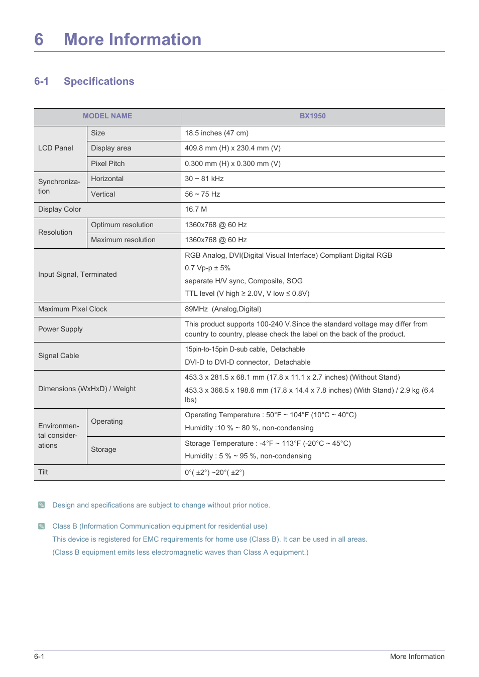 6 more information, 1 specifications, More information | Specifications -1, 6more information | Samsung LS24B5HVFH-ZA User Manual | Page 54 / 77