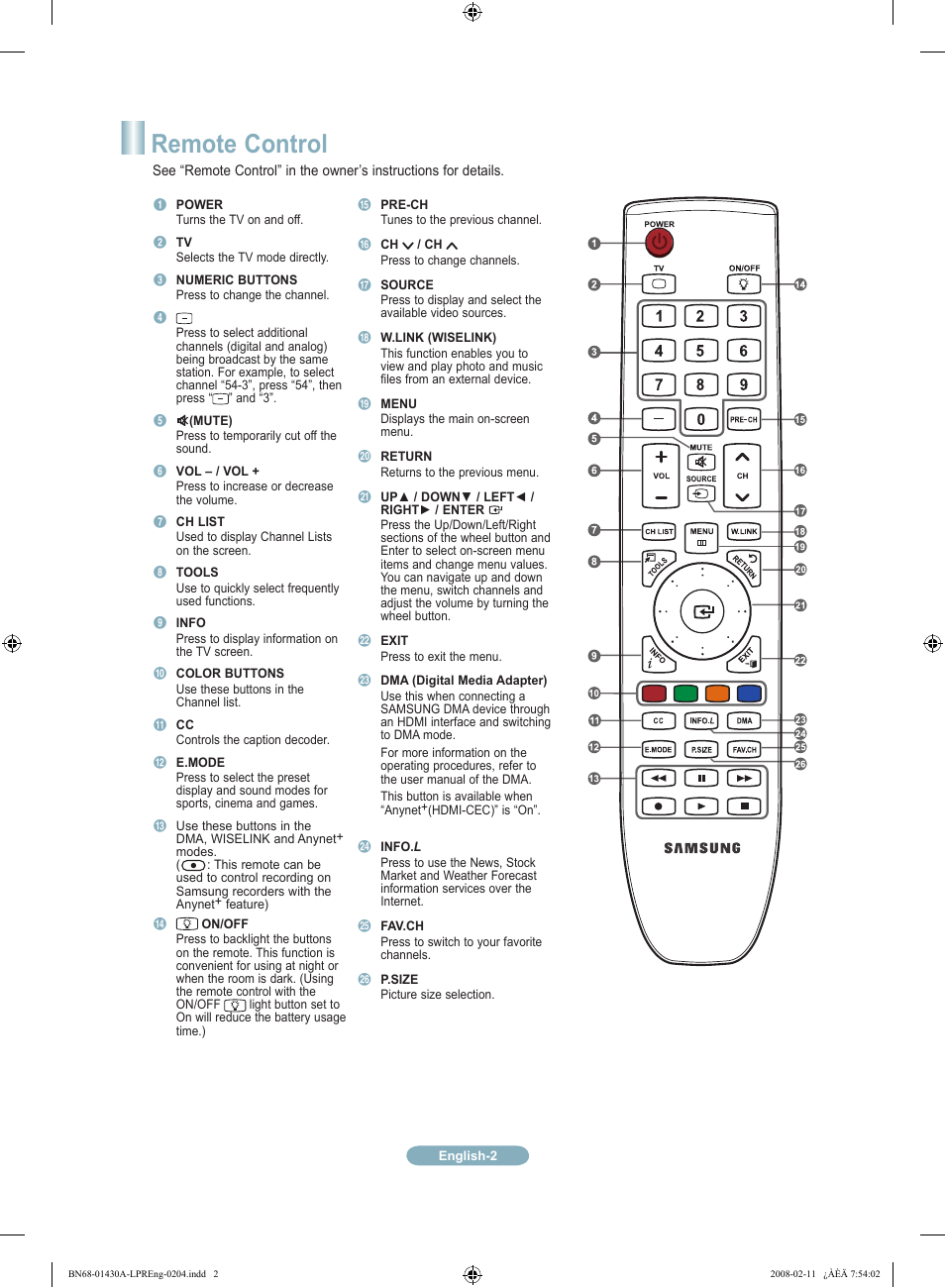 Remote control | Samsung LN46A650A1FXZA User Manual | Page 2 / 12