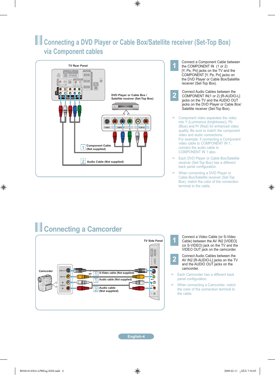 Connecting a camcorder | Samsung LN46A650A1FXZA User Manual | Page 4 / 12