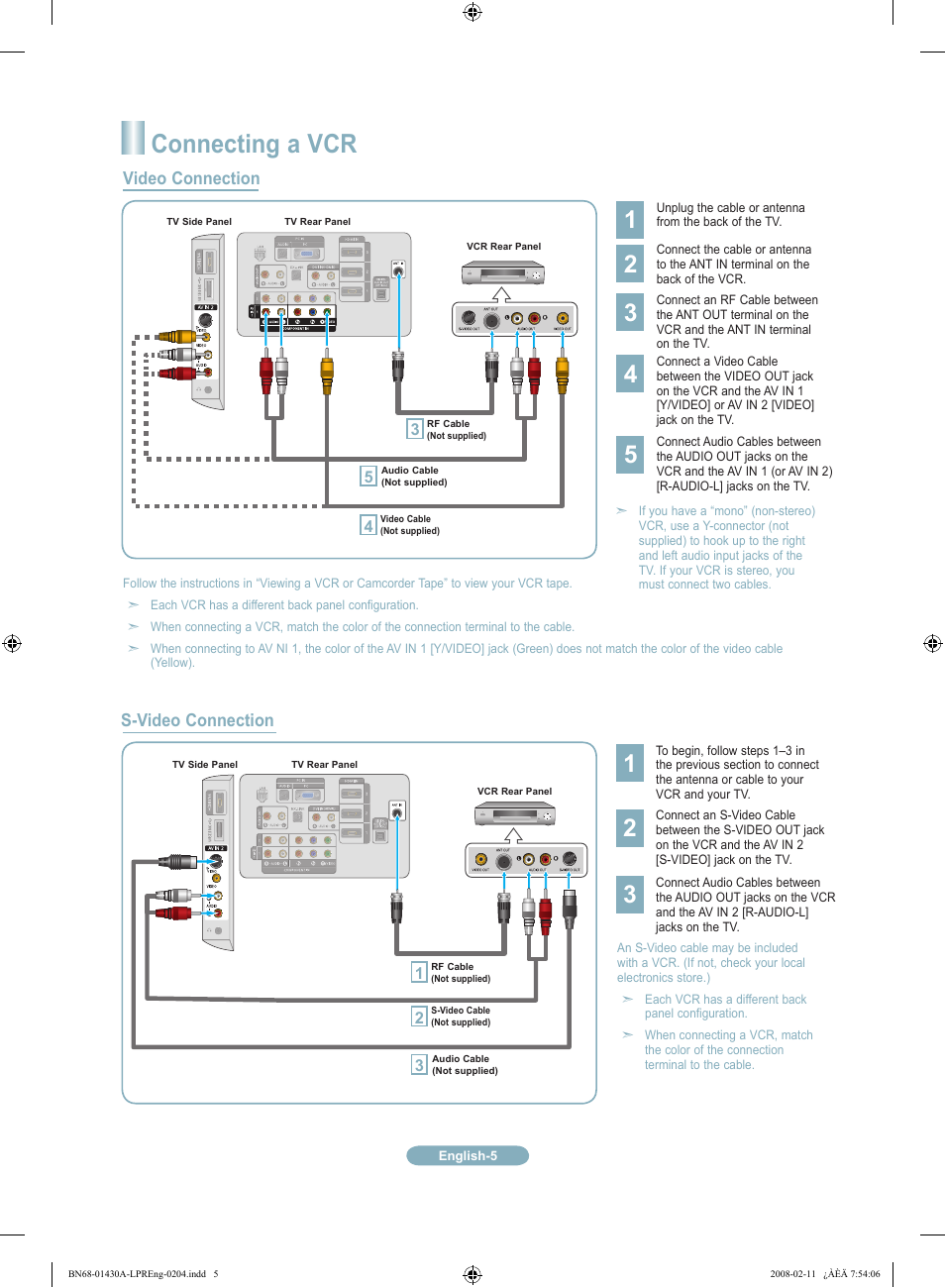 Connecting a vcr, Video connection s-video connection | Samsung LN46A650A1FXZA User Manual | Page 5 / 12