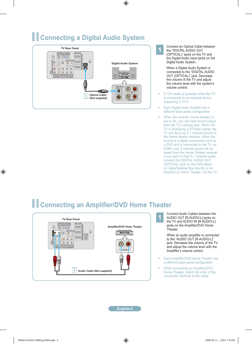 Connecting a digital audio system, Connecting an amplifier/dvd home theater | Samsung LN46A650A1FXZA User Manual | Page 6 / 12