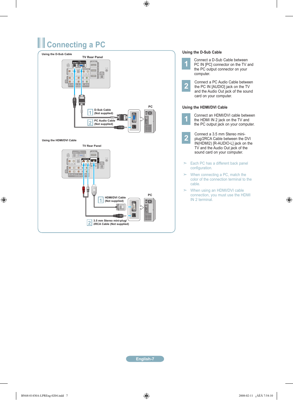 Connecting a pc | Samsung LN46A650A1FXZA User Manual | Page 7 / 12