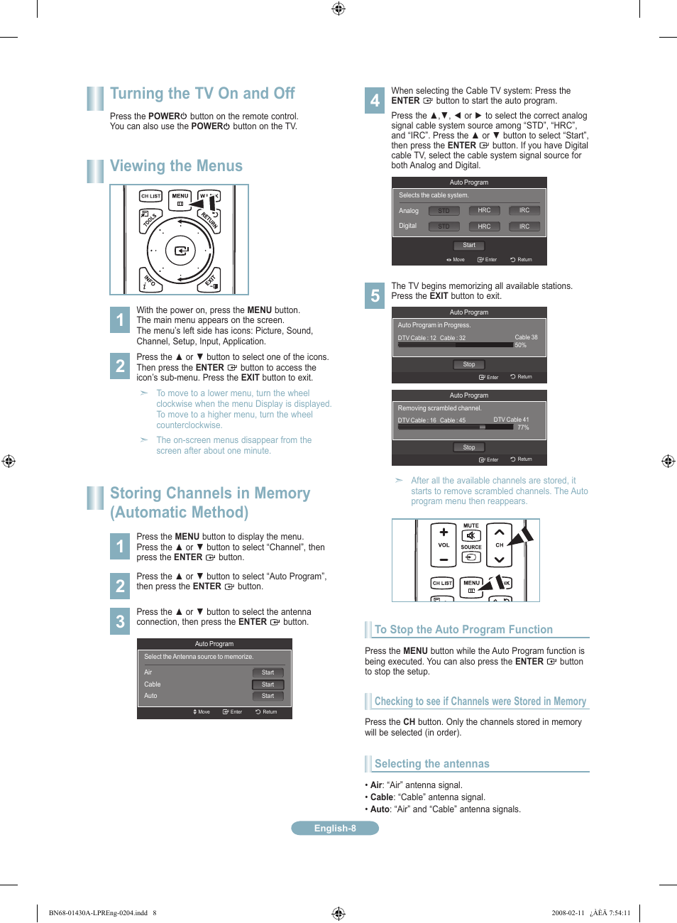 Turning the tv on and off, Viewing the menus, Selecting the antennas | Samsung LN46A650A1FXZA User Manual | Page 8 / 12