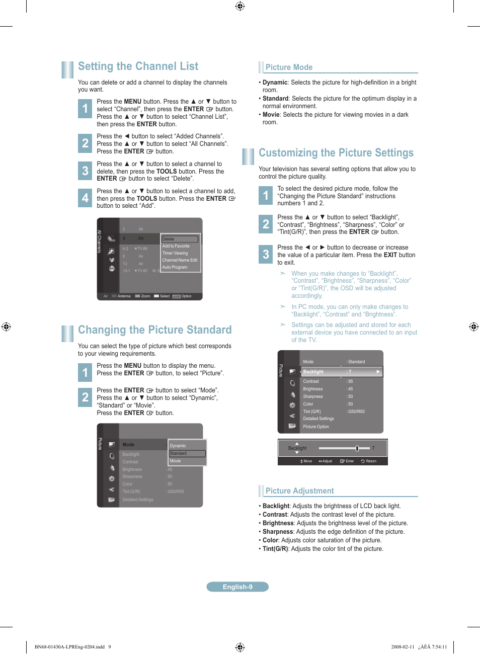 Setting the channel list, Changing the picture standard, Customizing the picture settings | Picture mode, Picture adjustment | Samsung LN46A650A1FXZA User Manual | Page 9 / 12