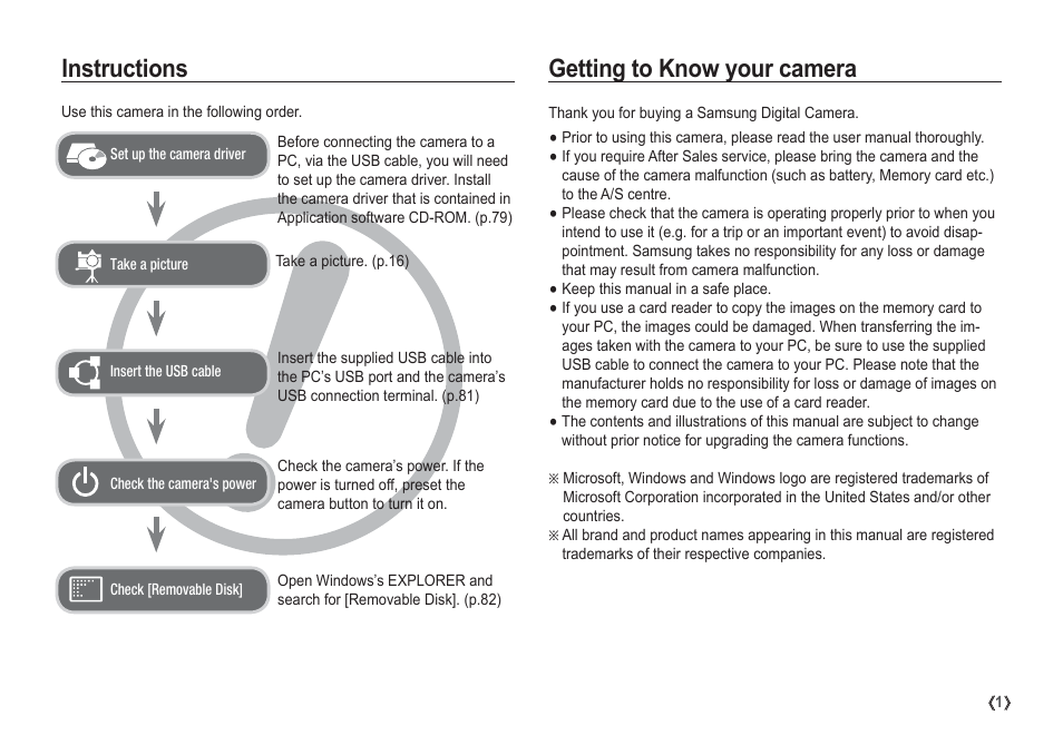 Getting to know your camera instructions | Samsung EC-S1050SDA-DE User Manual | Page 2 / 94