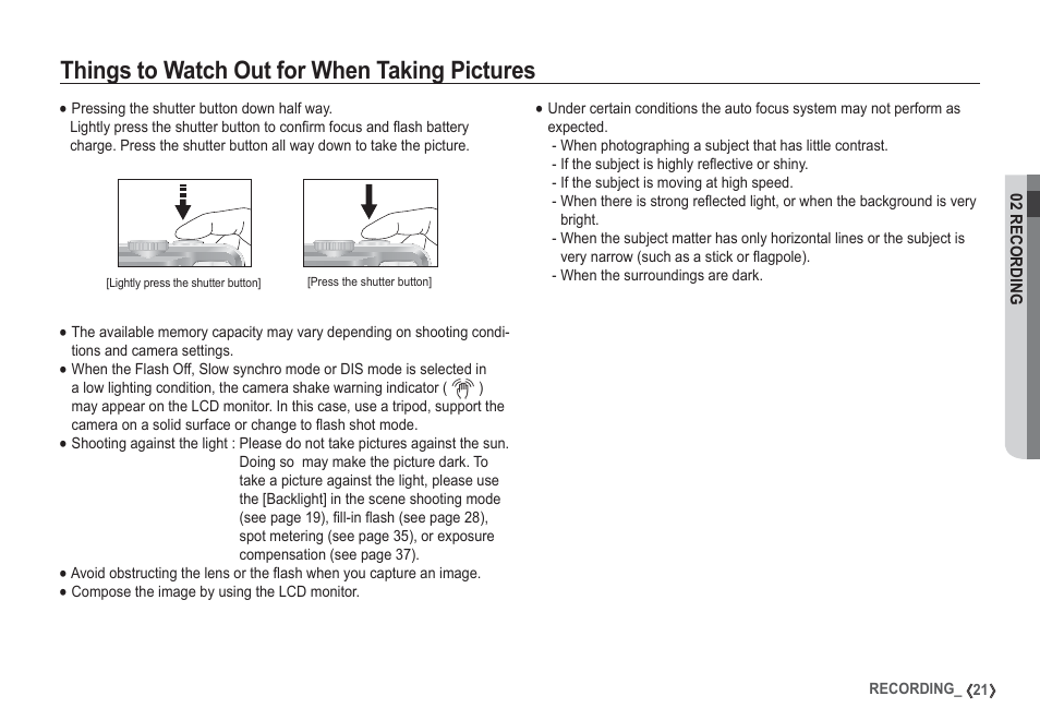 Things to watch out for when taking pictures | Samsung EC-S1050SDA-DE User Manual | Page 22 / 94
