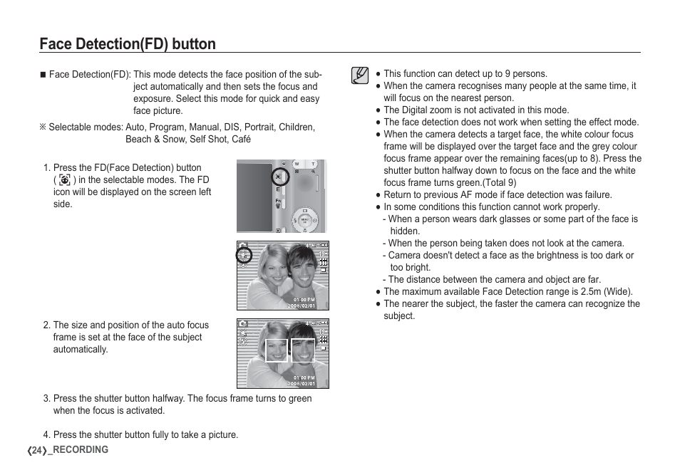 Face detection(fd) button | Samsung EC-S1050SDA-DE User Manual | Page 25 / 94