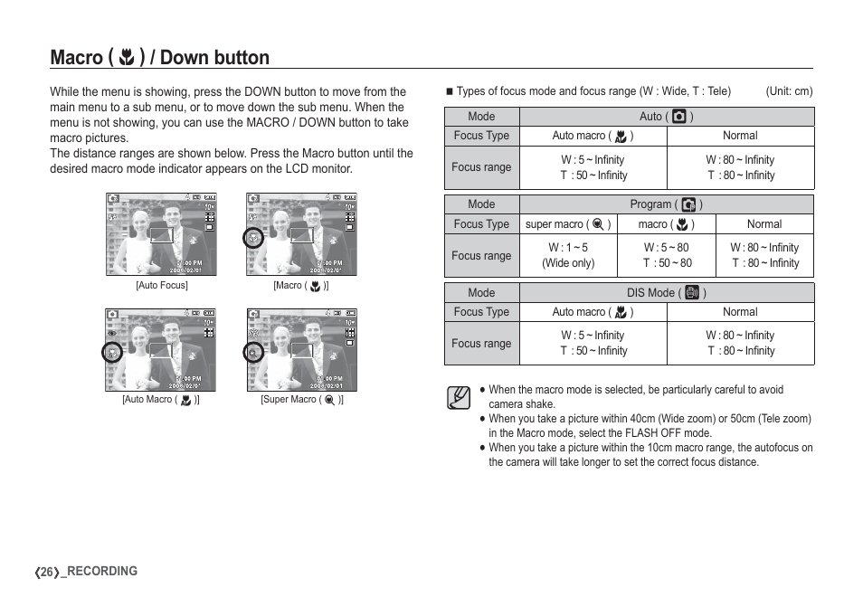 Macro, Down button | Samsung EC-S1050SDA-DE User Manual | Page 27 / 94