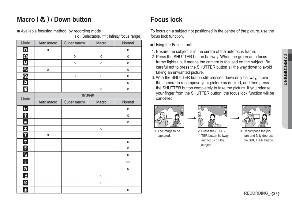 Focus lock, Macro, Down button | Samsung EC-S1050SDA-DE User Manual | Page 28 / 94