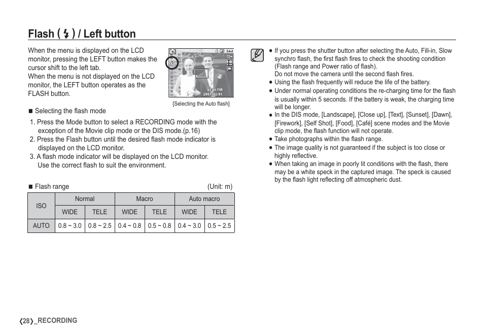 Flash, Left button | Samsung EC-S1050SDA-DE User Manual | Page 29 / 94