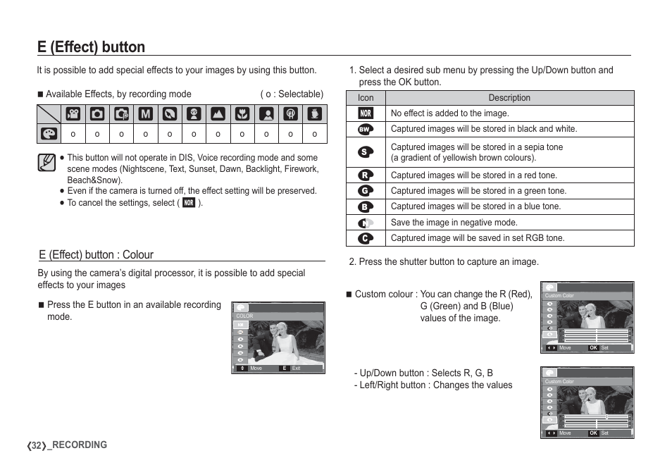 E (effect) button, E (effect) button : colour | Samsung EC-S1050SDA-DE User Manual | Page 33 / 94