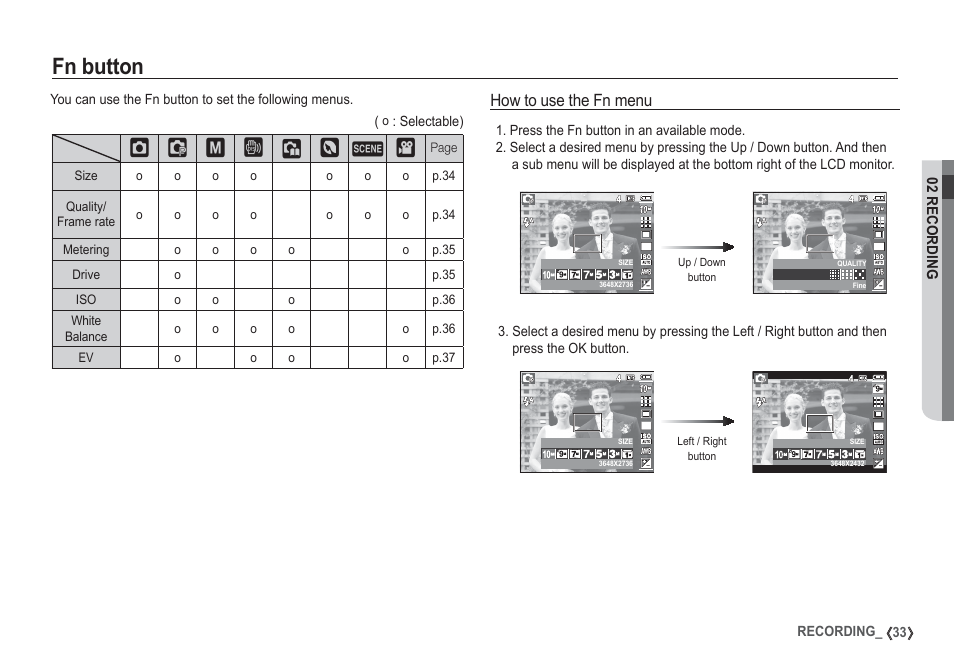 Fn button, How to use the fn menu, Š‰ ✆ ÿ _ m | Samsung EC-S1050SDA-DE User Manual | Page 34 / 94