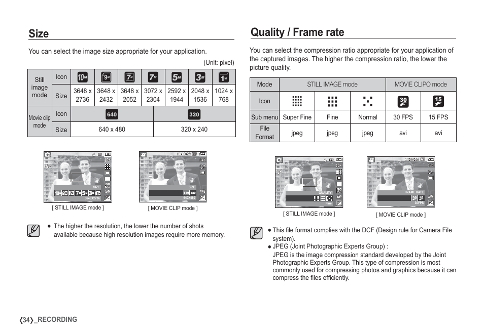 Size quality / frame rate, Vw x | Samsung EC-S1050SDA-DE User Manual | Page 35 / 94