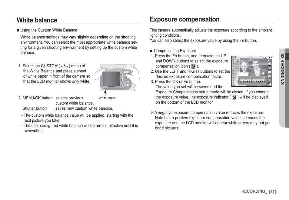 Exposure compensation, White balance | Samsung EC-S1050SDA-DE User Manual | Page 38 / 94