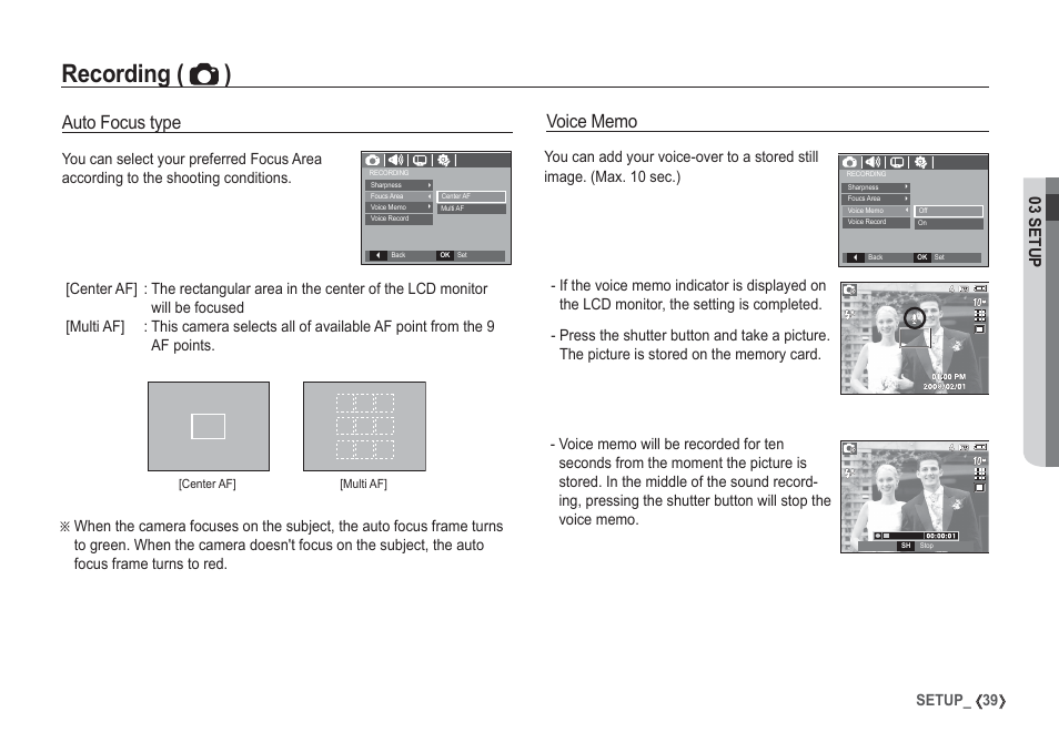 Recording ( ), Auto focus type, 03 setup | 39 setup | Samsung EC-S1050SDA-DE User Manual | Page 40 / 94