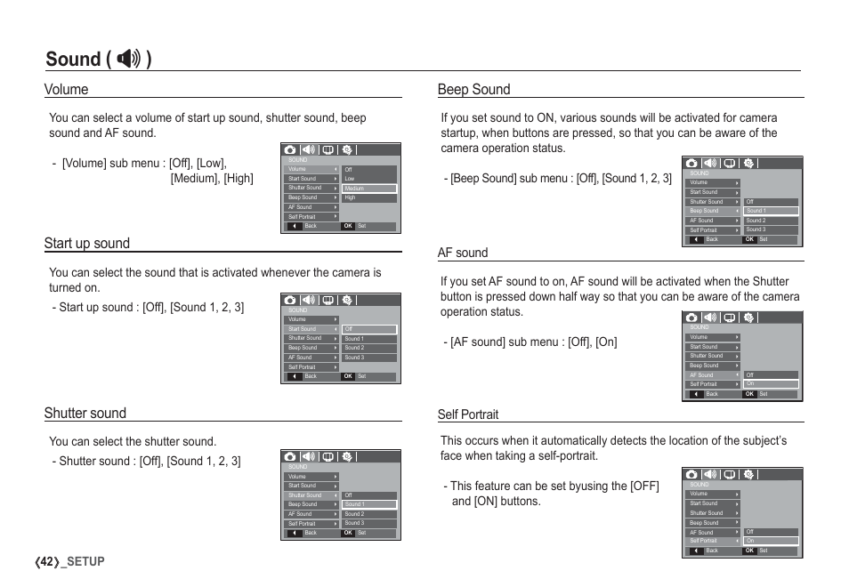 Sound, Beep sound, Volume | Start up sound, Shutter sound, Af sound, Self portrait | Samsung EC-S1050SDA-DE User Manual | Page 43 / 94