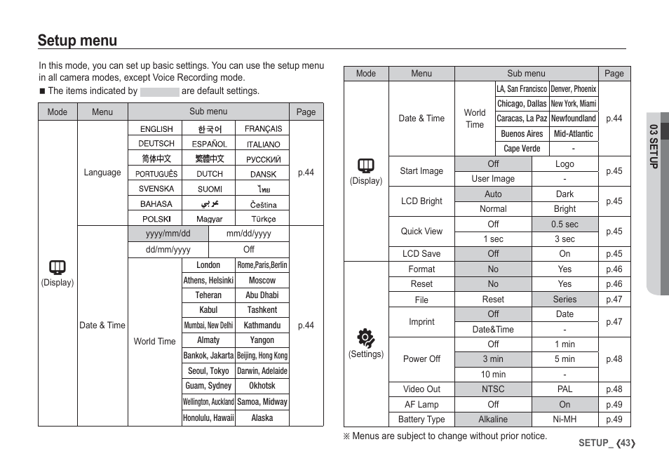 Setup menu | Samsung EC-S1050SDA-DE User Manual | Page 44 / 94