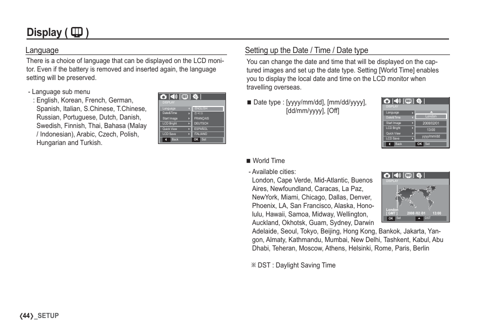 Display ( " ), Setting up the date / time / date type, Language | 44 _setup | Samsung EC-S1050SDA-DE User Manual | Page 45 / 94
