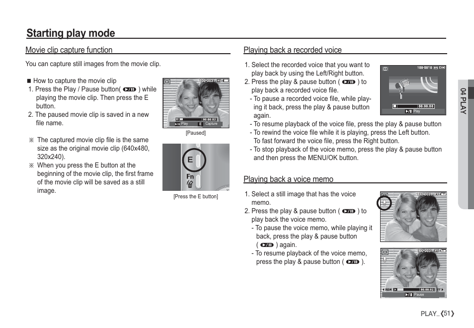 Starting play mode, Movie clip capture function, Playing back a recorded voice | Samsung EC-S1050SDA-DE User Manual | Page 52 / 94