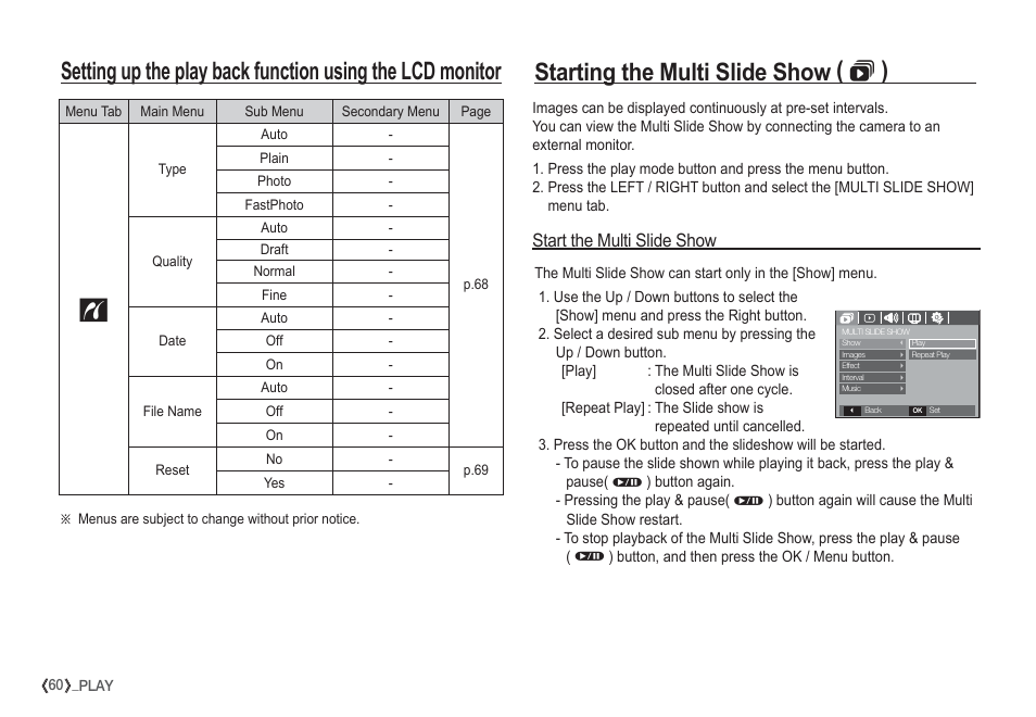Starting the multi slide show (  ), Start the multi slide show | Samsung EC-S1050SDA-DE User Manual | Page 61 / 94