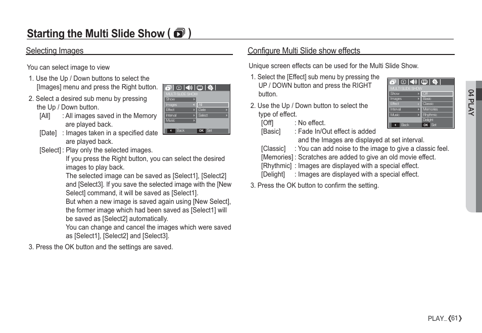 Starting the multi slide show (  ), Selecting images, Configure multi slide show effects | 04 play, 61 play | Samsung EC-S1050SDA-DE User Manual | Page 62 / 94