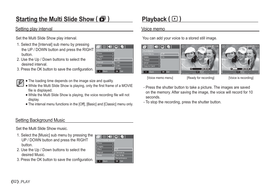 Starting the multi slide show (  ), Playback ( à ), Setting background music setting play interval | You can add your voice to a stored still image | Samsung EC-S1050SDA-DE User Manual | Page 63 / 94