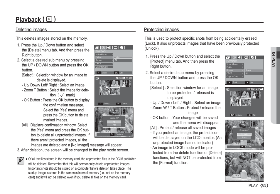 Playback ( à ), Deleting images, Protecting images | 04 play, 63 play | Samsung EC-S1050SDA-DE User Manual | Page 64 / 94
