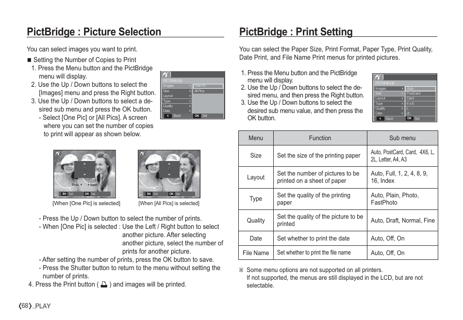 Pictbridge : picture selection, Pictbridge : print setting, 68 _play | Samsung EC-S1050SDA-DE User Manual | Page 69 / 94