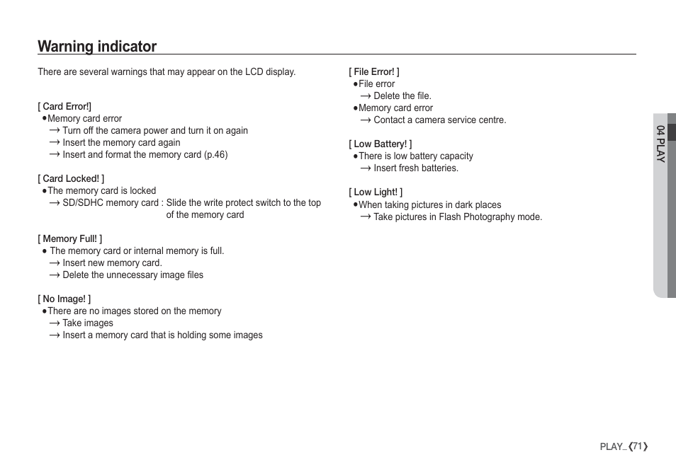 Warning indicator | Samsung EC-S1050SDA-DE User Manual | Page 72 / 94