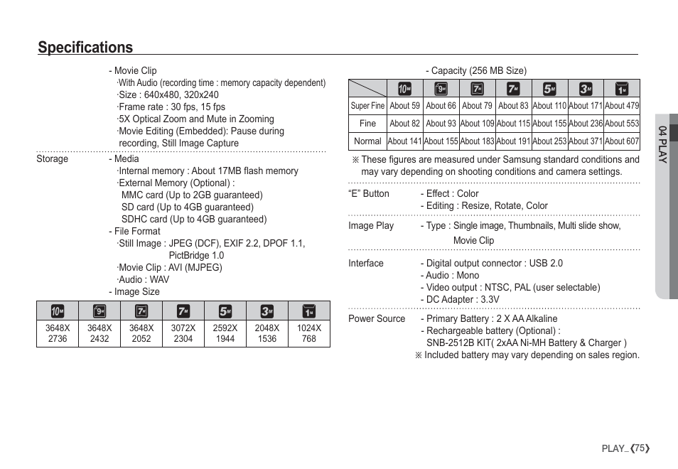 Specifications | Samsung EC-S1050SDA-DE User Manual | Page 76 / 94