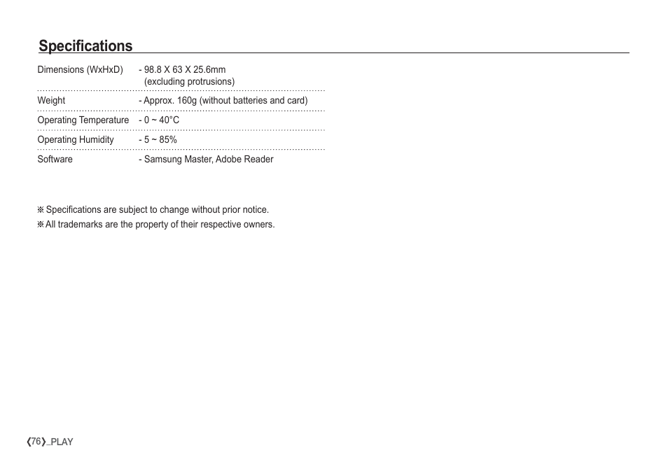 Specifications | Samsung EC-S1050SDA-DE User Manual | Page 77 / 94