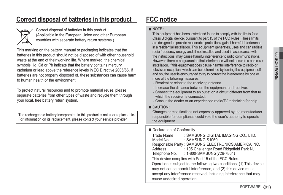 Fcc notice, Correct disposal of batteries in this product | Samsung EC-S1050SDA-DE User Manual | Page 92 / 94