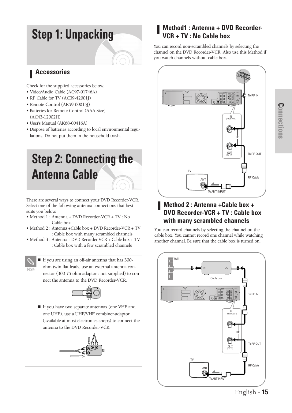 Unpacking, Connecting the antenna cable, Step 1: unpacking | Step 2: connecting the antenna cable, Connections, English - 15 accessories | Samsung DVD-VR300-XAA User Manual | Page 15 / 97