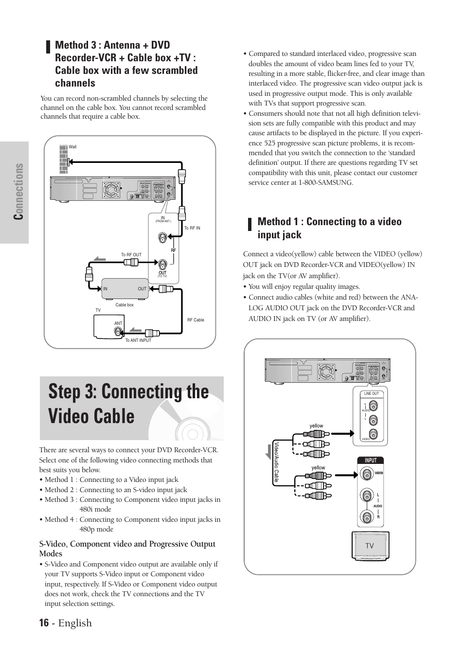 Connecting the video cable, Step 3: connecting the video cable, Connections | Method 1 : connecting to a video input jack | Samsung DVD-VR300-XAA User Manual | Page 16 / 97